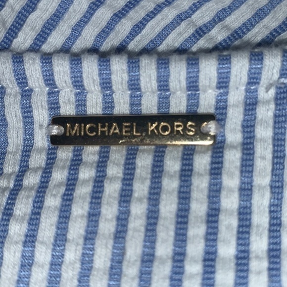 Michael Kors Wrap Top Ladies Size Medium Blue and White Short Sleeve V Neck Top - Picture 7 of 9